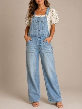 Pistola Arden Aloha Denim Overalls Size 26 Wide Leg Utility Double Panel Legs